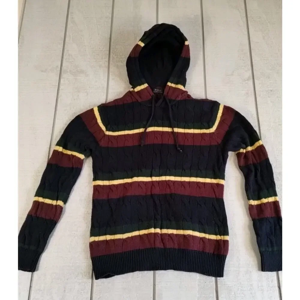 Polo Ralph Lauren St Andrews Rugby Cable Knit Hoodie Striped Sweater Men Size M